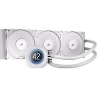 White Corsair Nautilus 360 RS liquid cooler with three 12 cm fans and circular digital display.