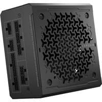 Black Corsair RM1000e power supply unit with honeycomb vent design and modular cable ports.