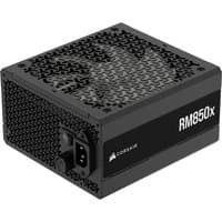 Black Corsair RM850x power supply unit with 850 W, 24-pin ATX, and vented grille design.