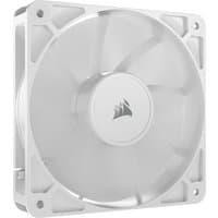 White Corsair RS120 computer case fan, 12 cm, square frame, central Corsair logo, sleek design.