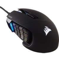 Black Corsair Scimitar RGB Elite gaming mouse with side keypad, RGB lighting, and ergonomic right-hand design.