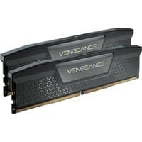 Black Corsair Vengeance 64GB DDR5 memory modules, 2 x 32GB, with sleek design and gold contact pins.