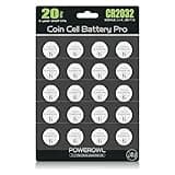 Pack of 20 POWEROWL CR2032 3V lithium button cell batteries, arranged in a grid on a black card.
