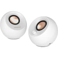 White Creative Labs Creative Pebble Pro speakers with spherical design and copper accents.