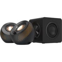 Black Creative Pebble X Plus speaker set, spherical speakers with gold accents and square subwoofer, Bluetooth enabled.