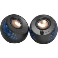 Black Creative Labs Pebble X speakers with blue accents, spherical design, and front-facing control knob.