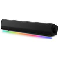 Black Creative Labs Sound Blaster GS3 speaker with sleek design, RGB lighting, and wired and wireless connectivity.