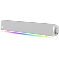 White Creative Labs Sound Blaster GS3 speaker with mesh front, side knob, and rainbow LED base lighting.