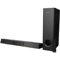 Black Creative Labs Sound Blaster Katana V2X soundbar with subwoofer, sleek design, RGB lighting, and remote control.