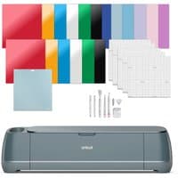 Gray Cricut Maker 4 with colorful vinyl sheets, cutting mats, and crafting tools set.