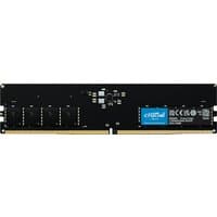 Black Crucial DDR5 288-pin DIMM memory module with blue label and gold connectors, 16 GB capacity.