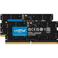 Black Crucial DDR5 ECC memory modules, 32GB total, 2x16GB, with blue labels and gold connectors.