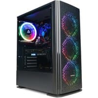 Black CyberPower gaming PC with RGB fans, transparent side panel, and front mesh design.