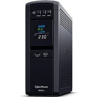 Black CyberPower CP1600EPFCLCD-UK UPS with LCD display, control buttons, and vented sides.