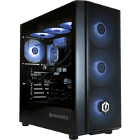 CyberPower gaming PC with black case, transparent side panel, blue LED fans, and illuminated CyberPower logo.