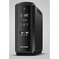 Black CyberPower PFC Sinewave 1350VA line tower with LCD display, power button, and multiple ports on front panel.