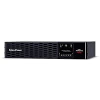 Black CyberPower PR1500ERT2U UPS with vented front panel, LCD display, and control buttons on right side.