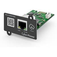CyberPower RCCARD100 network card, black faceplate, Ethernet port, green circuit board, and cloud icon.