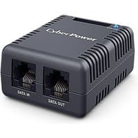 Black CyberPower SNEV001 UPS accessory with two Ethernet ports labeled Data In and Data Out, compact and vented design.