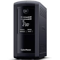 Black CyberPower VP1000EILCD UPS with LCD display, power button, and vented sides.