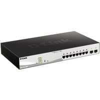 Black D-Link 10-port Gigabit PoE+ switch with 2 SFP ports, LED indicators, and sleek metal casing.