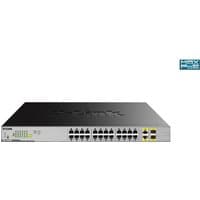 D-Link 24-Port Gigabit PoE Switch, black and silver with 2 combo ports and LED indicators on the front panel.