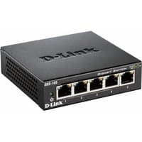 Black D-Link 5-Port Gigabit Unmanaged Desktop Switch with front-facing Ethernet ports and D-Link logo on top.