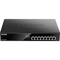 Black D-Link 8-Port Desktop Gigabit PoE+ Switch with LED indicators and Ethernet ports on the front panel.