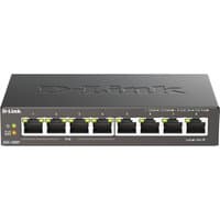 Black D-Link 8-Port Gigabit PoE switch with LED indicators and Ethernet ports on the front panel.