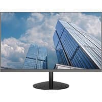 Dahua 27" Full HD monitor with slim bezels, black stand, displaying skyscrapers against a cloudy sky.