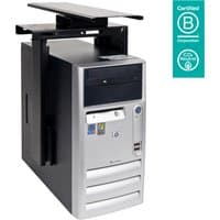 Black Dataflex Viewmate computer holder with adjustable desk mount, supporting a silver and black desktop tower.