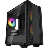 Black DeepCool CC360 ARGB Mini Tower with tempered glass panel and colorful LED fans.