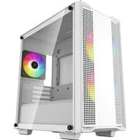 White DeepCool CC360 WH ARGB Mini Tower with tempered glass panel and front RGB lighting.