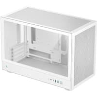 White DeepCool CH260 WH Micro Tower with mesh panels, clear side window, and front USB ports.