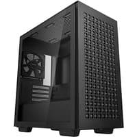 Black DeepCool CH370 Mini Tower with mesh front panel, tempered glass side, and rear cooling fan.