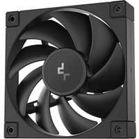Black DeepCool FD12 computer case fan, 12 cm with seven curved blades and square frame.