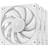 White DeepCool FD12 WH-3 IN 1 computer case fan set, 12 cm, three fans with sleek blades and square frames.