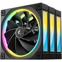 Black DeepCool FL12R-3 computer case fan set, 12 cm, RGB lighting, three fans with sleek black blades and colorful rims.