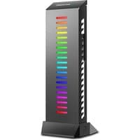 Black DeepCool GH-01 A-RGB graphic card holder with vertical rainbow LED lights and sturdy base.