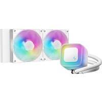 White DeepCool LE240 V2 liquid cooler with dual 12 cm RGB fans and square pump block with RGB lighting.
