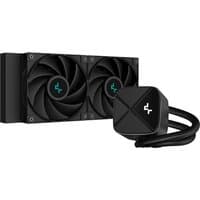 Black DeepCool LS520S liquid cooler with dual 12 cm fans and sleek pump head design.