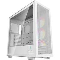 White DeepCool Morpheus full tower gaming case with tempered glass panel and mesh front, featuring RGB fans.