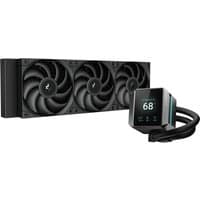Black DeepCool MYSTIQUE 360 AIO CPU cooler with three fans and digital display on pump block.