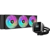 DeepCool Mystique 360 ARGB CPU cooler with three RGB fans and sleek black radiator, digital display on pump head.
