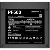 Black DeepCool PF500 power supply unit with 20+4 pin ATX connector, labeled specifications on top panel.