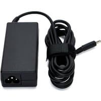 Black Dell 1C4XJ power adapter with rectangular body, three-prong input, and coiled cable with connector.