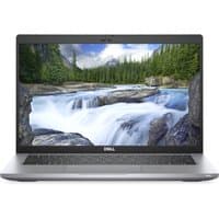 Dell Latitude 5420 laptop, silver, 14-inch display, black keyboard, showing a nature wallpaper with a waterfall.