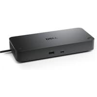 Black Dell SD25TB5 wired Thunderbolt 5 dock with multiple ports and sleek rectangular design.