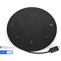 Black Dell SP325 speakerphone with USB Type-C, circular design, touch controls for volume, microphone, and call functions.