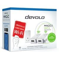 White Devolo Magic 2 WiFi 6 adapters, three units, with Ethernet ports and plug design, in branded packaging.